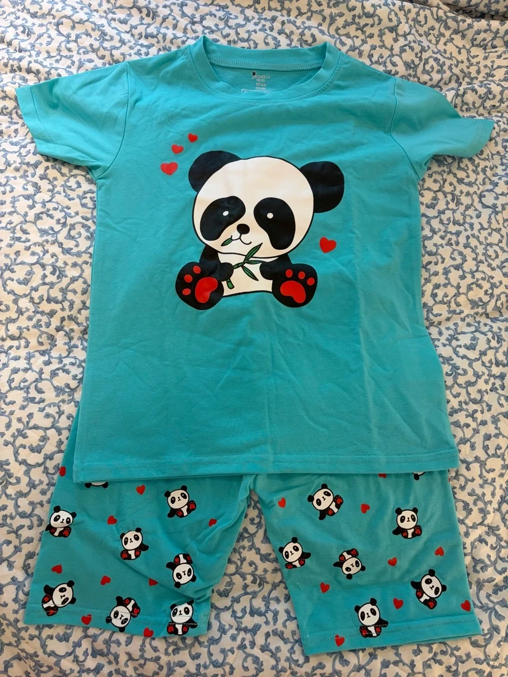 Little Hand Girls Size 7T Panda Hearts Pajama Set Turquoise Short Sleeve